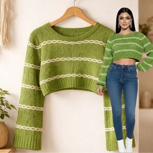 🛍️ ZARA green white cut out long sleeve embroidered cropped sweater size small